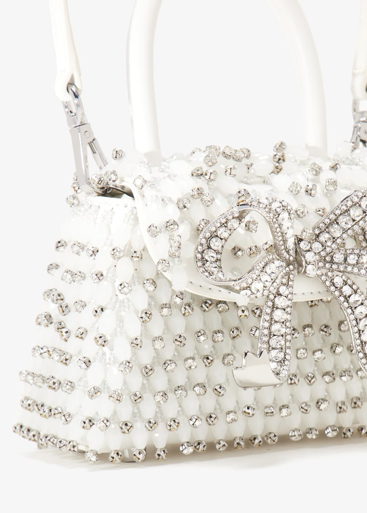 【Self Portrait】White Embellished Micro Bow Bag Buy Self-Portrait White Micro Bow Bag in Hotfix Rhinestone