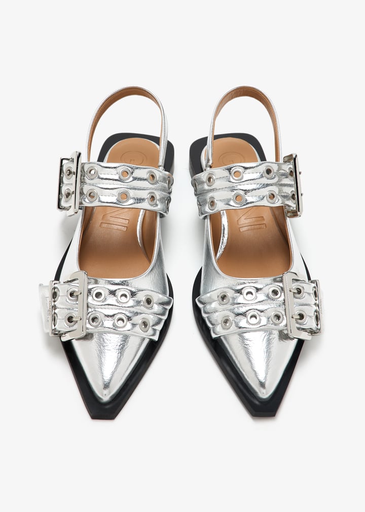 【GANNI】FEMININE BUCKLE BALLERINAS SILVER LLIC Silver Metallic Feminine Buckle Ballerinas | GANNI US