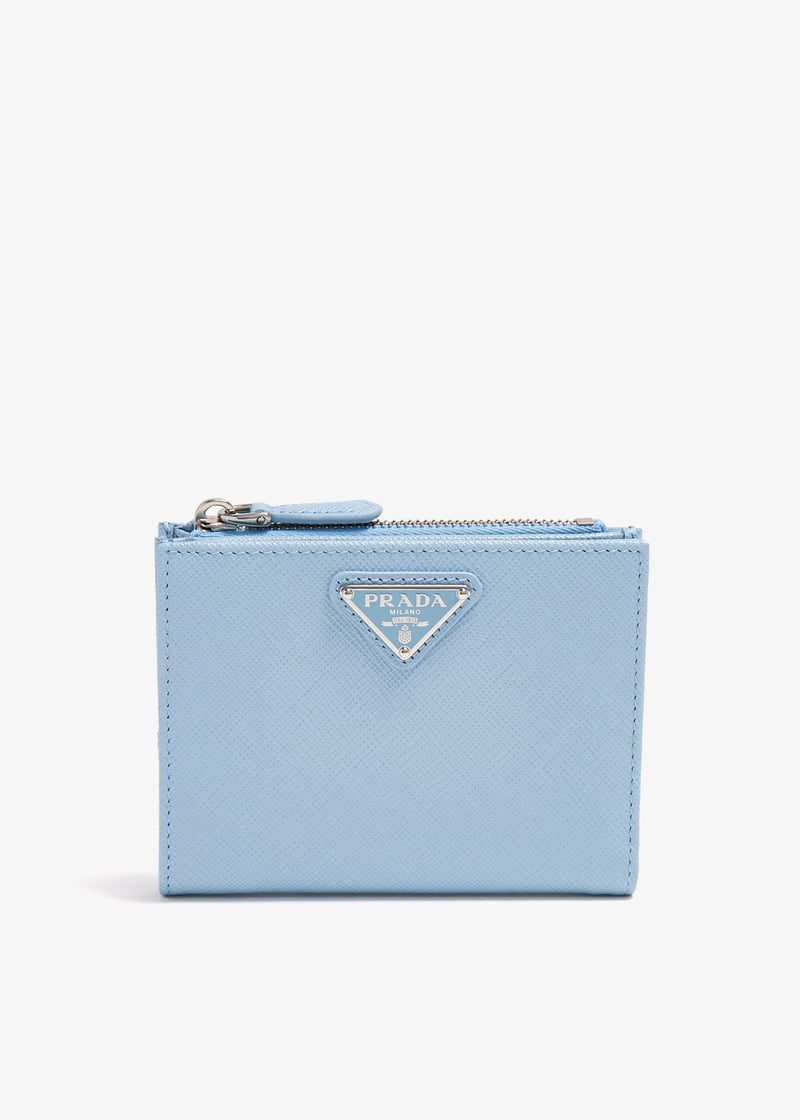 Light Blue Small Saffiano and smooth leather wallet | PRADA