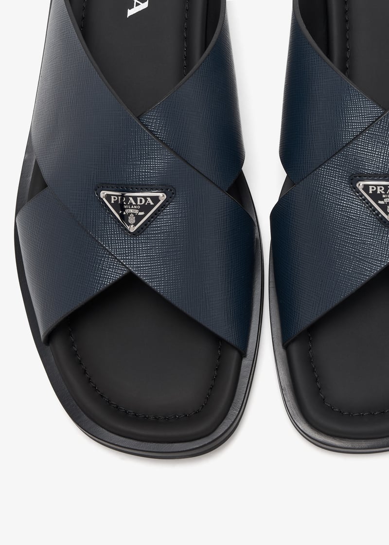 【日本入手困難】Saffiano leather crisscross sandals サンダル Black Saffiano Leather Crisscross Slides | PRADA