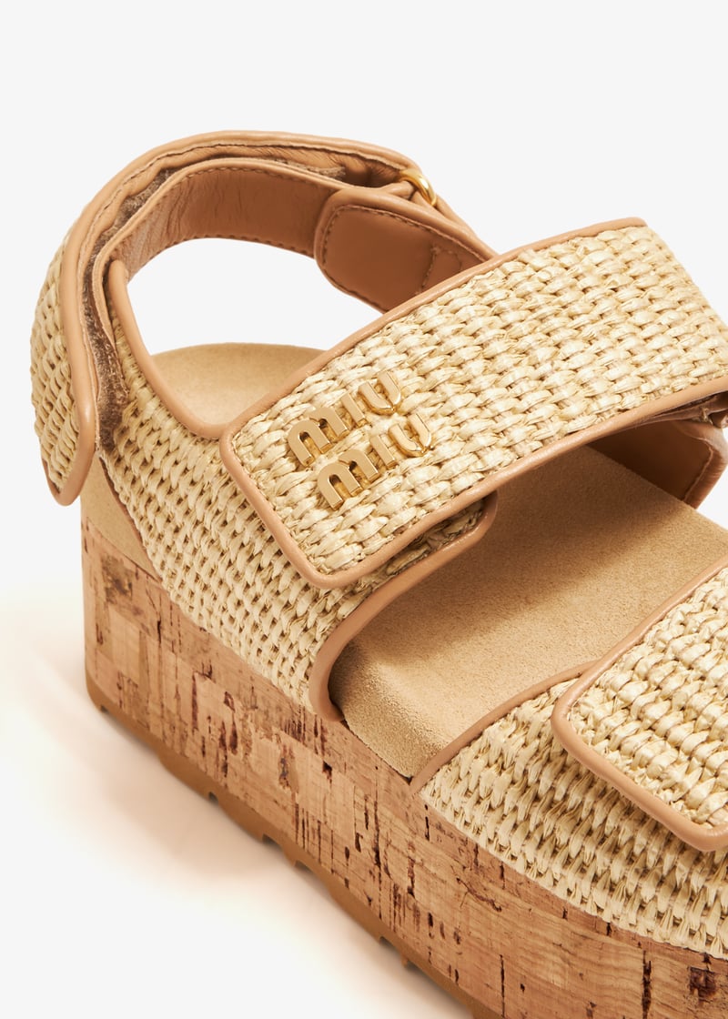 Miu Miu Raffia-effect flatform sandals for Women - Beige in