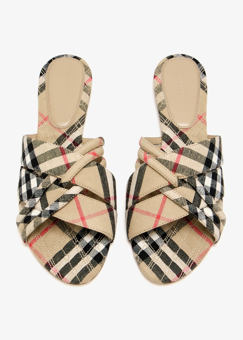 【関税込み】Burberry ベージュ Cabana チェック スライド Check Cabana Slides in Sand - Women, Linen | Burberry® Official