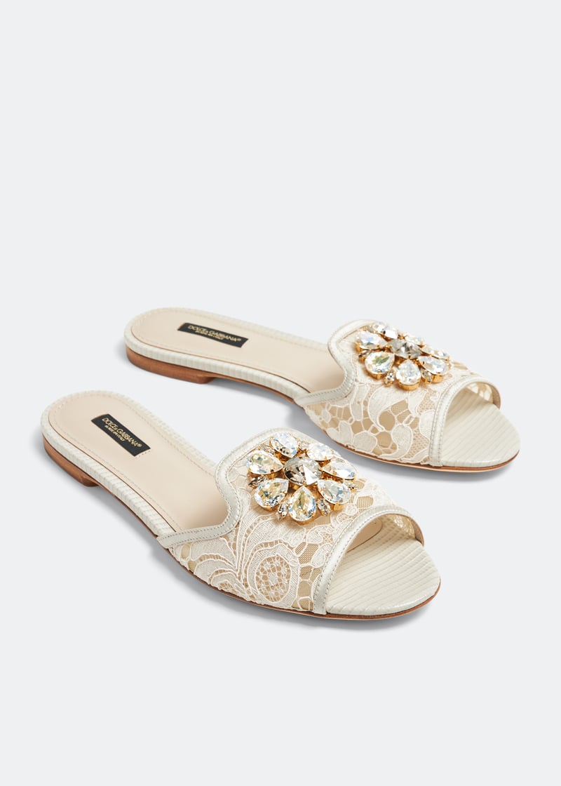 【関税＆送料込み】Dolce & Gabbana Rainbow Flat Lace Sandal Lace rainbow slides with brooch detailing in Grey for Women