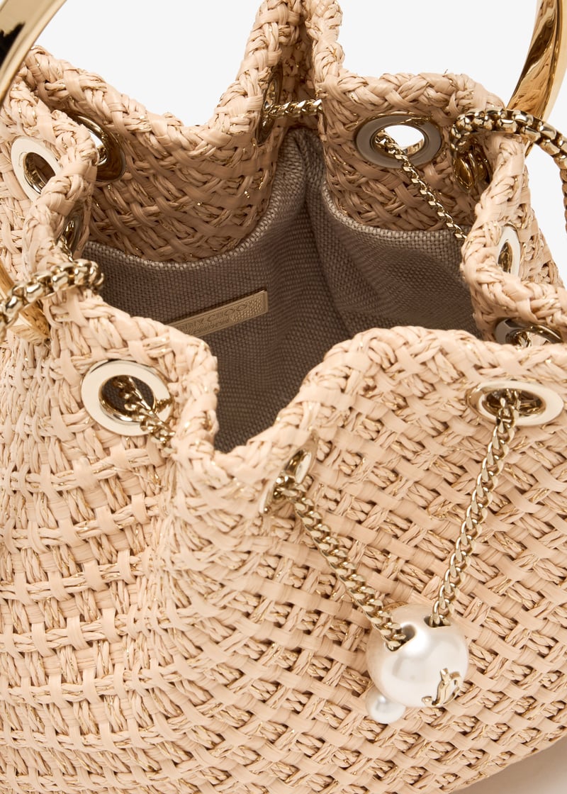 JIMMY CHOO Bon Bon Bucket 刺繍入り ラフィア・バケットバッグ Bon Bon Bucket | Natural Raffia Embroidered Bucket Bag