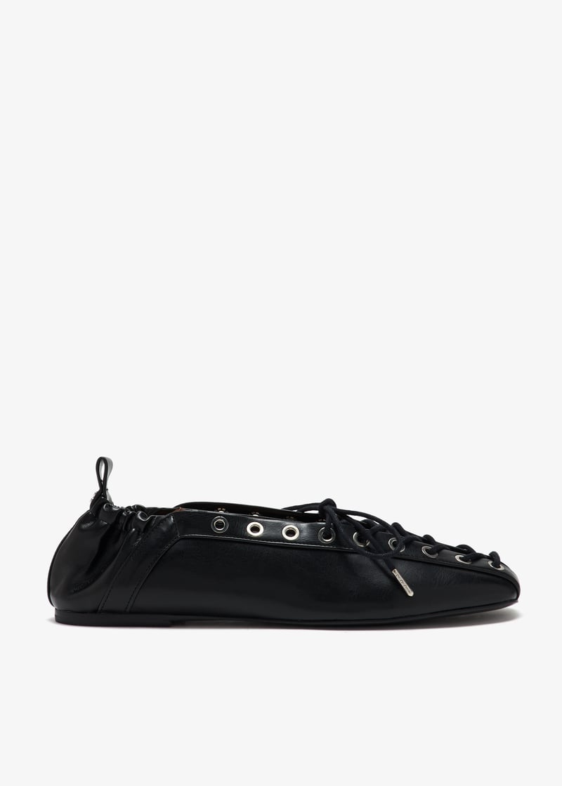 フラットシューズ GANNI OLEATEX LACE-UP BALLERINA Dark Olive Dark-Olive Oleatex Lace-Up Ballerinas | GANNI US