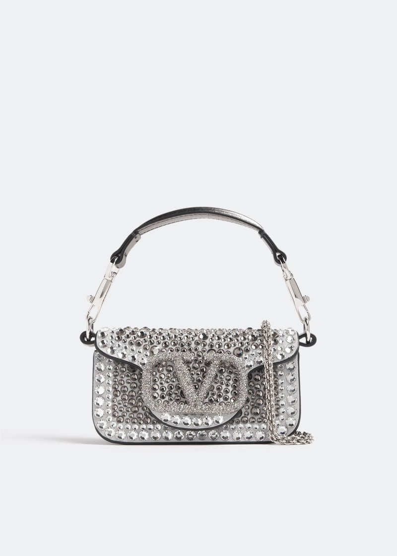 【関税&送料込】Valentino Garavani Silver Leather Micro Loca Micro Valentino Garavani Locò Chain Bag With Rhinestones for